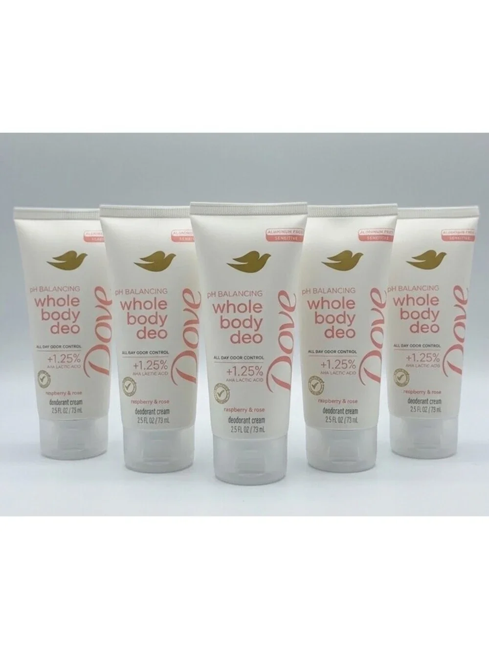Lot of 5 Dove pH Balancing Whole Body Deo Cream Raspberry & Rose 2.5 oz New